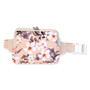 belt bag with floral fabric insert, rectangular pouch shape, silver zipper top closure, adjustable beige webbed waist strap, studio product image, front view.