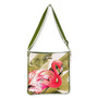 crossbody tote bag with olive adjustable strap, pink flamingo graphic insert, rectangular silhouette, zipper top, studio product image, front view.
