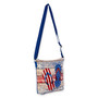 crossbody tote bag side view with navy adjustable strap, American flag flip‑flop graphic insert, rectangular shape, zipper top, studio product image.