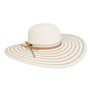 Wide brim woven white straw hat with smooth rounded crown, concentric striped brim pattern, braided rope band, flat profile, studio product image, front view.