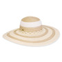 Wide brim woven white straw hat with concentric striped crown, braided rope band accent, flat structured brim, clean edge finish, studio product image, front view.