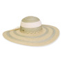 Wide brim woven straw hat with concentric striped crown, braided rope band detail, flat structured brim, studio image, front view.