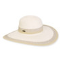 Wide brim woven white straw hat with textured crown, tan contrast woven brim edge, slim fabric band, front view image.