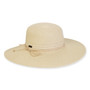 Wide brim woven white straw hat with smooth rounded crown, braided rope band with subtle bow tie, flat brim, studio product image, front view.