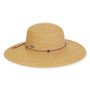 Wide brim woven straw hat with smooth rounded crown, slim multicolor cord band detail, flat structured brim, handwoven texture, studio product image, front view.