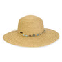 Wide brim woven straw hat with smooth rounded crown, turquoise beaded band detail, flat structured brim, handwoven texture, studio product image, front view.