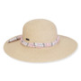 Wide brim woven straw hat with smooth textured crown, pink pastel plaid fabric tie band detail, top shape, front view.