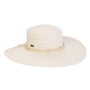 Wide brim woven white straw hat with smooth textured crown, tonal stitched fabric band, flat structured profile, clean edge brim.