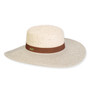 Wide brim woven white straw hat with ventilated textured crown, brown fabric band accent, flat structured profile, clean edge brim, studio product image, front view.
