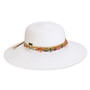 Wide brim woven white straw hat with smooth textured crown, multicolor beaded band detail, rounded top shape, studio product image, front view.