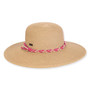 Wide brim woven straw hat with textured crown, pink braided cord band, flat top shape, studio product image, front view.
