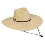Wide brim woven straw hat with smooth textured crown, dark contrast band, adjustable chin cord with stopper, studio product image, side view.