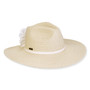 Wide brim woven straw hat with textured crown, white floral fabric accent, tonal band detail, smooth edges, studio product image, side view.