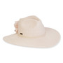 Wide‑brim woven straw sun hat with textured crown, blush fabric bow accent, smooth edge finish, studio product image, side view.