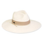 Wide brim woven straw hat with smooth textured crown, tan grosgrain band, small logo tag, studio product photo, side view.