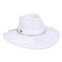 Three-quarter view of a white woven straw fedora featuring a pinched crown and a thin metallic silver corded band.
