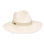 Three-quarter view of a white woven straw fedora featuring a perforated pinched crown and a tan zigzag-patterned fabric band.