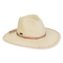 Three-quarter view of a cream woven straw fedora featuring a pinched crown, tan corded band, and matching crocheted brim edge.