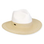Three-quarter view of a color-block woven straw sun hat featuring a white pinched crown and a tan wide brim.