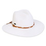 Three-quarter view of a white woven straw fedora featuring a pinched crown and a brown leather band with white stitching.