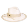 Three-quarter view of a color-block woven straw sun hat featuring a white pinched crown and a cream wide brim.