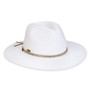 Three-quarter view of a white woven straw fedora featuring a pinched crown and a thin tan braided band.
