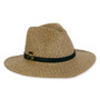 Three-quarter view of a tan marled woven straw fedora featuring a pinched crown and a black studded leather band.