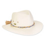 Three-quarter view of a white woven straw fedora featuring a pinched crown and a blue patterned cord band.