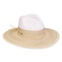 Three-quarter view of a color-block woven straw sun hat featuring a white pinched crown and a tan wide brim.