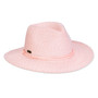 Three-quarter view of a pink woven straw sun hat featuring a pinched crown and a matching slim cord band.