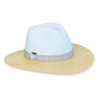 Three-quarter view of a color-block woven straw sun hat featuring a light blue pinched crown and a tan brim with a patterned band.