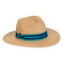 Three-quarter view of a tan woven straw sun hat featuring a pinched crown and a teal striped ribbon bow band.