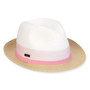 Three-quarter view of a color-block woven straw fedora featuring a white pinched crown, pink band, and tan brim.