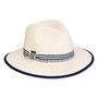 Three-quarter view of a white woven straw sun hat featuring a pinched crown and a navy striped ribbon bow band.