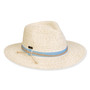 Three-quarter view of a white woven straw sun hat featuring a pinched crown and a light blue fabric band with rope detail.