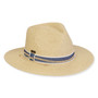 Three-quarter view of a tan woven straw sun hat featuring a pinched crown and a blue fabric band with rope detail.