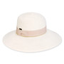 Three-quarter view of a white woven straw sun hat featuring a rounded crown and a light pink ribbon band.