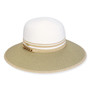 Three-quarter view of a white woven straw sun hat featuring a rounded crown and a tan chain decorative band.