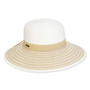 Three-quarter view of a white woven straw sun hat featuring a wide brim with tan stripes and a matching tan band.