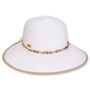 Three-quarter view of a white woven straw sun hat featuring a wide brim and a leopard-print decorative band.
