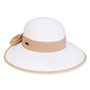 Three-quarter view of a white woven straw sun hat featuring a rounded crown and a tan ribbon band with a side bow.
