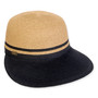 Three-quarter view of a two-tone woven straw sun hat featuring a tan crown and a contrasting navy blue brim.