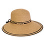 Three-quarter view of a tan woven straw sun hat featuring a wide brim and a leopard-print decorative band.