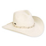 Three-quarter view of a white woven straw cowboy hat featuring a curved brim and a rhinestone-embellished cream band.