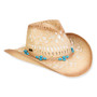 Three-quarter view of a tan straw cowboy hat featuring a ventilated crown, curved brim, and a turquoise beaded band.