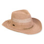 Three-quarter view of a tan woven straw cowboy hat featuring a ventilated crown, curved brim, and a chain-link band.