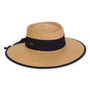 Three-quarter view of a tan woven straw boater hat featuring a wide black ribbon band and a matching black-edged brim.