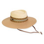 Three-quarter view of a mixed-tone straw boater hat with a cream crown, tan brim, geometric pattern band, and adjustable chin strap.