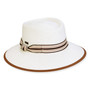 Three-quarter view of a white woven straw boater hat featuring a tan and black striped ribbon band and a matching tan-edged brim.