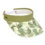 Three-quarter view of an olive green sun visor with a tropical palm leaf print brim and white coiled elastic strap.